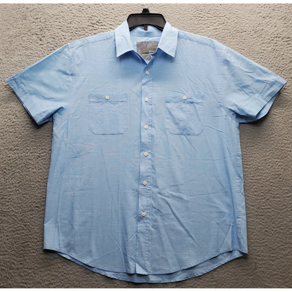 Bruno Shirt Mens Blue Detail Pockets Short Sleeve Classic Fit Collared Button-Up